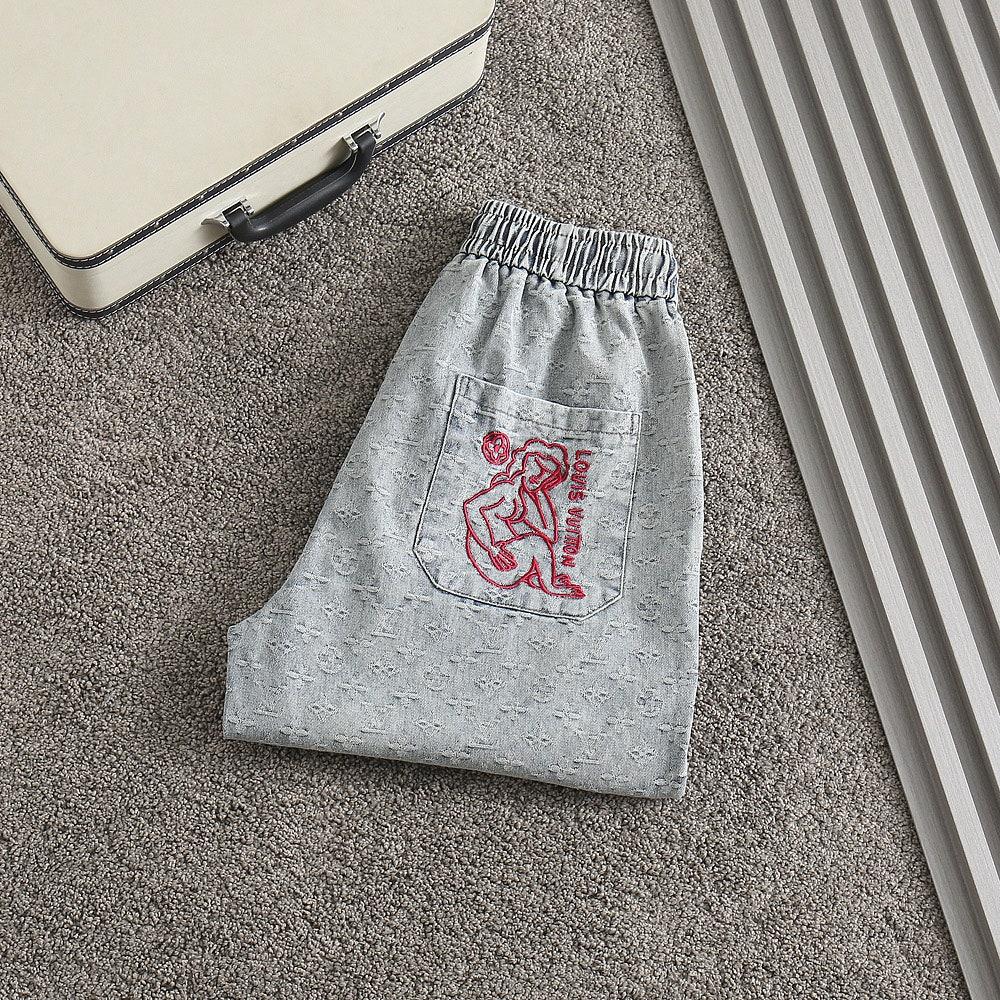 루이비통 신상 모노그램 캐릭터자수로고 워싱데님 하프팬츠 (국내배송)
